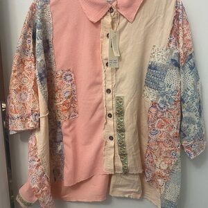 Blue Velvet Pink and Cream Patchwork Shirt with Peace sign patch